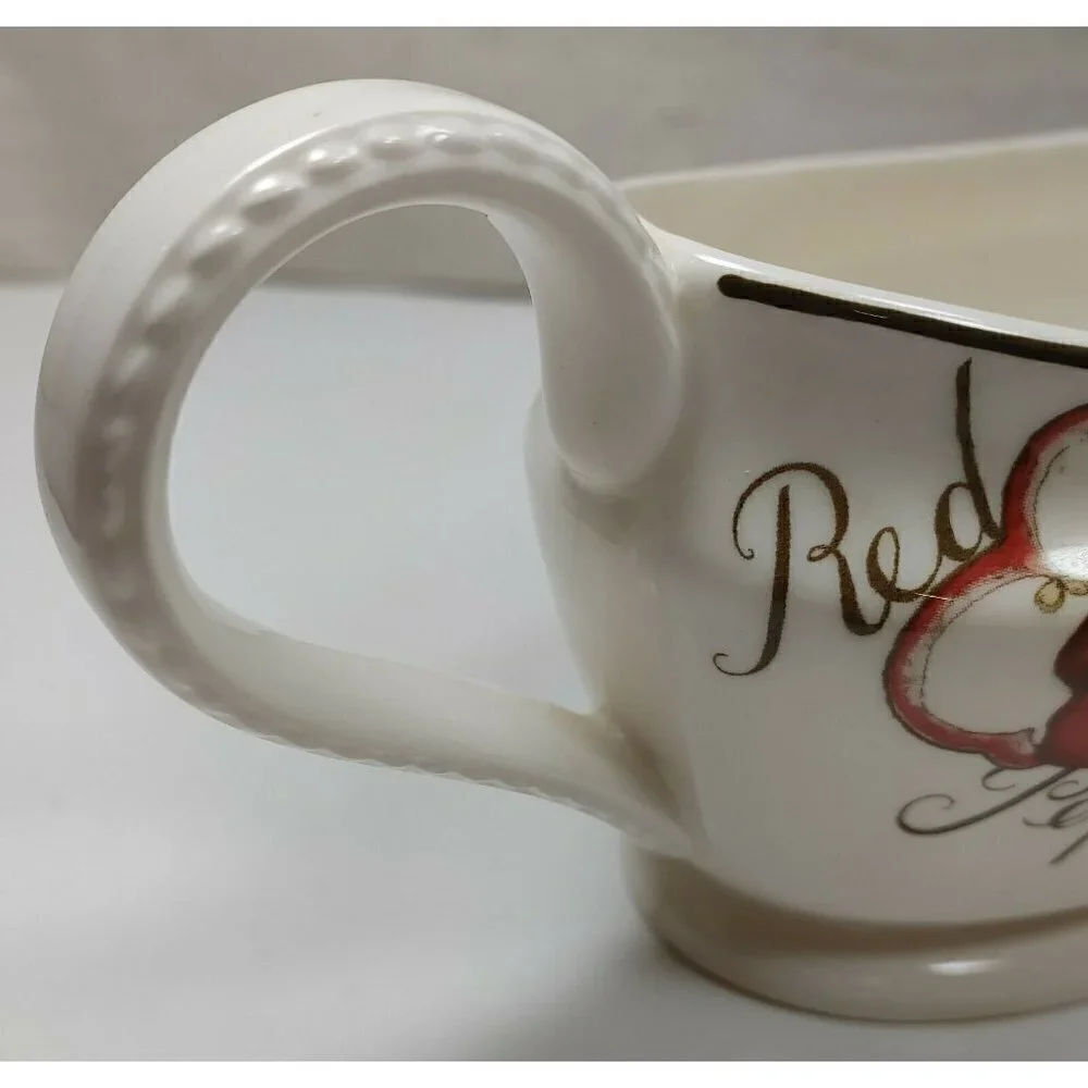 Vintage Red Pepper Mushrooms Carrots Tomatoes Gold Rim Ceramic Gravy Boat